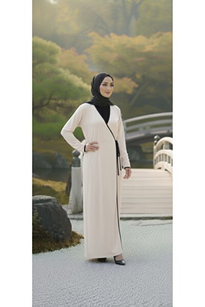 ISTANBUL STYLES Beige Double-Breasted Collar, Stylish Prayer Dress Made of Jersey Fabric with Piped Details.