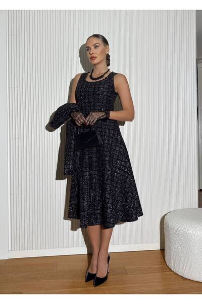 Siseniorita Sleeveless Midi Dress and Short Tweed Textured Jacket Set - Elegant Cloche Cut