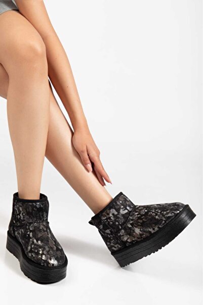 OLA Mini Siyah Süet İçi Kürklü Kalın Taban Kamuflaj Desenli Kadın Bot