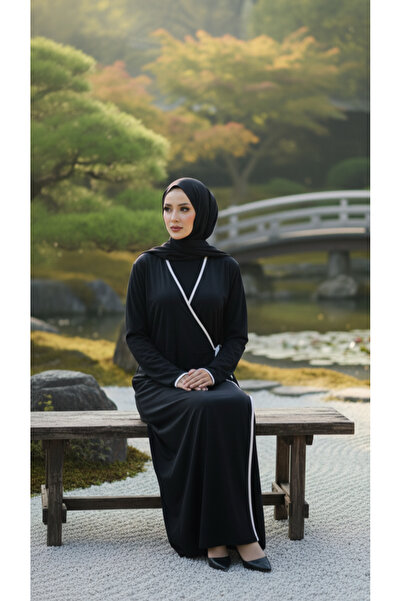 ISTANBUL STYLES Stylish Prayer Dress Made of Jersey Fabric with Black Double-Breasted Collar and Piping Details.