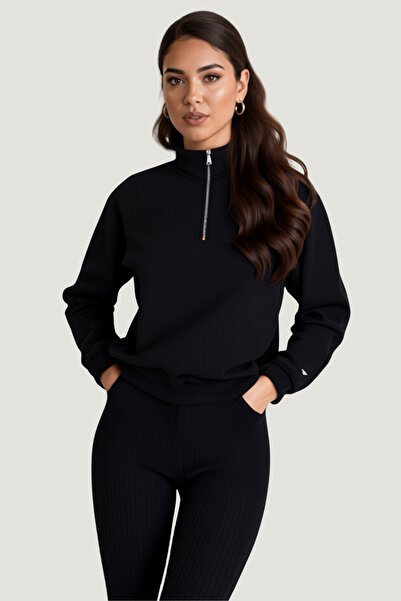 MODRENZA Unisex Relax Fit Rahat Kesim Pamuklu İçi Polarlı Yarım Fermuarlı Dik...