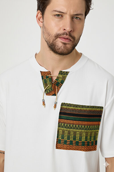 rammers Half V Neck Lace-Up Short Sleeve Bohemian T-Shirt Ethnic Pattern