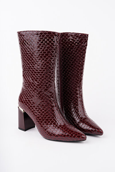 Women Lay-z Women's Brown Snake Pattern Patent Leather Heeled Boots 8.5 cm Thick Heel Stylish and Modern Design