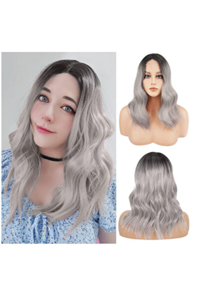 OEM FESHFEN wavy wig, short synthetic hair, 40 cm, black bangs, platinum gray color