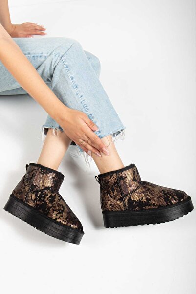 OLA Kadın Yılan Desenli Mini Süet Içi Kürklü Yüksek Kalın Taban Kışlık Bot