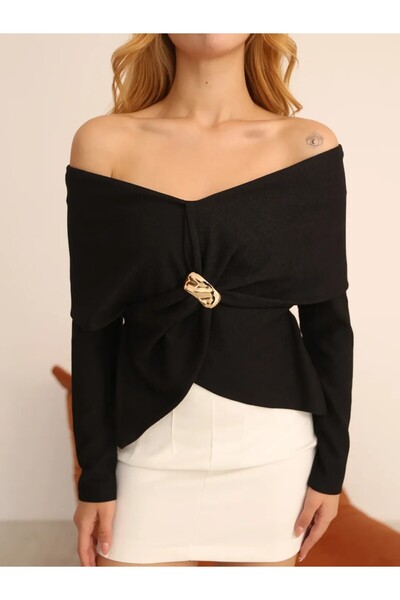 HARMONY GLOBAL Women's Buckled Madonna Shawl Collar Black Ottoman Blouse – Asymmetrical Cut, Women's Top with Brooch 387