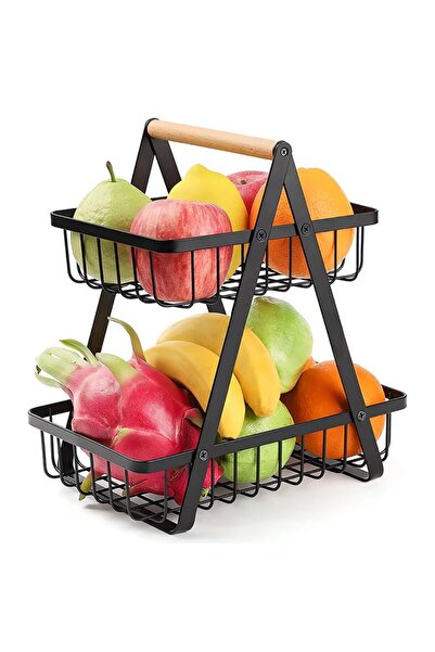 OEMN Coș decorativ pentru fructe, cu două niveluri, metalic cu mâner din lemn, 32x30x18 cm, negru