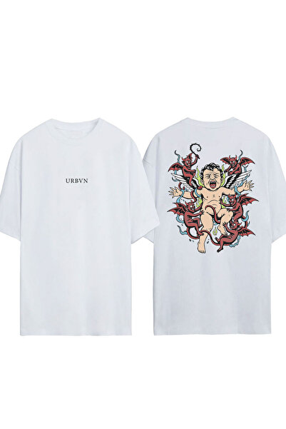 urbvn Angel N Devil 2 Design Printed White Oversized T-Shirt