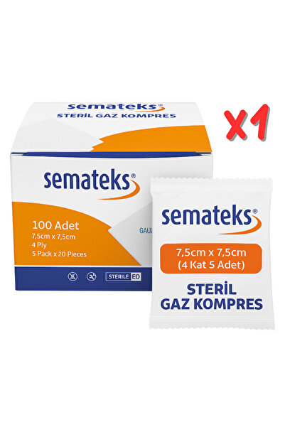 SEMATEKS Steril Pamuklu Dokuma Gaz Kompres Spanç | 7,5cm x 7,5cm | 4 Katlı | 100'lü (5'li Zarf x 20) 1 Kutu