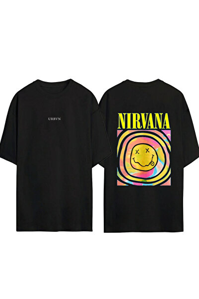 urbvn تي شيرت نيرفانا ديزاين مطبوع أسود قصة فضفاضة