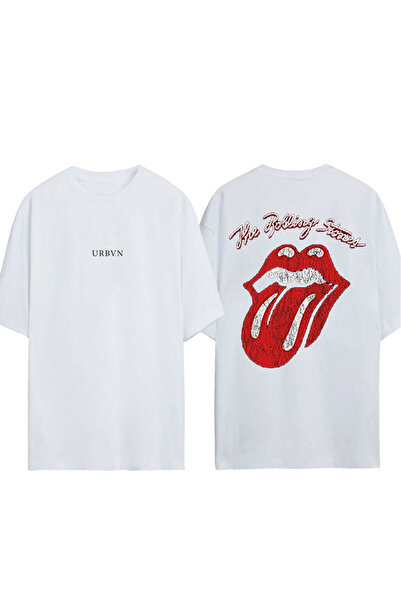 urbvn ستونز 1 تصميم مطبوع تي شيرت أبيض قصة فضفاضة