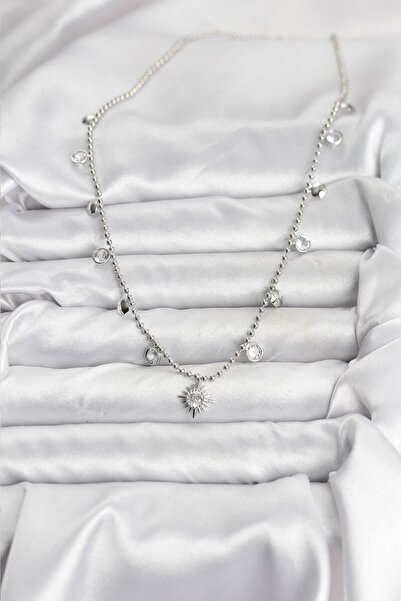 BSRE Zircon Stone Pole Star Brass Women's Necklace (Silver Color)