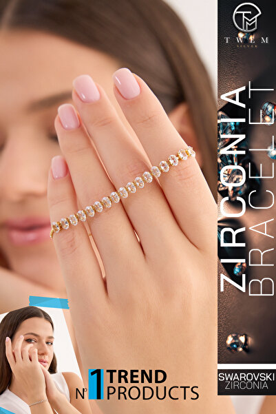 Swaroski Zirconia Altın Yansımalı Oval Su Yolu Bileklik | Güneş Işığı Efekti