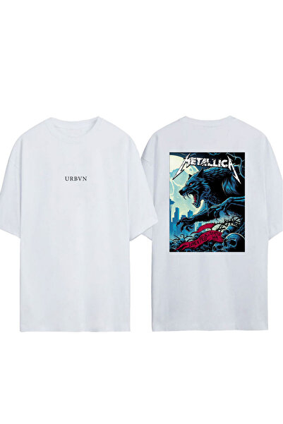 urbvn تي شيرت ميتاليكا وولف ديزاين مطبوع أبيض قصة فضفاضة