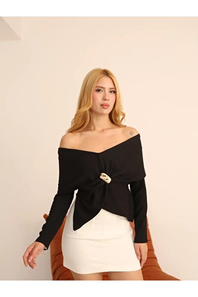 HARMONY GLOBAL Women's Buckled Madonna Shawl Collar Black Ottoman Blouse – Asymmetrical Cut, Women's Top with Brooch 387