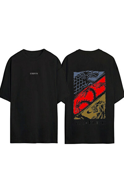 urbvn Game of Thrones Tasarım Baskılı Siyah Oversize T shirt