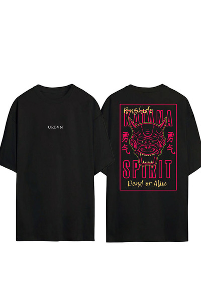 urbvn تي شيرت بتصميم بوشيدو مطبوع أسود قصة فضفاضة