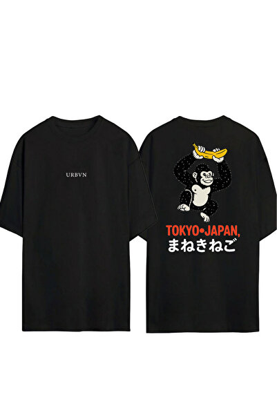 urbvn تي شيرت طوكيو مونكي ديزاين مطبوع أسود قصة فضفاضة