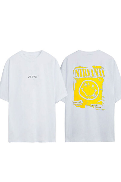 urbvn تي شيرت نيرفانا 3 تصميم مطبوع أبيض قصة فضفاضة