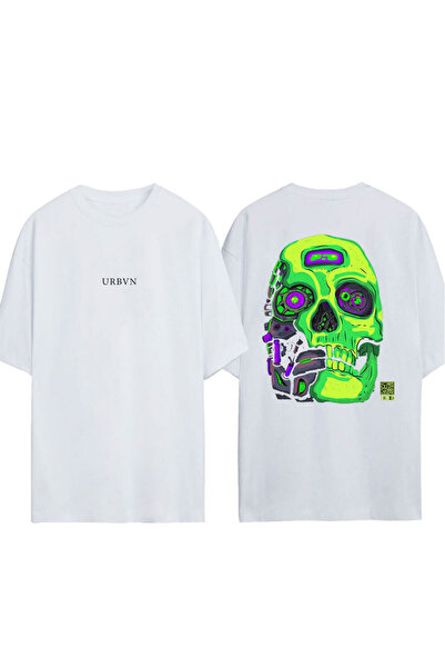 urbvn Cyber Skull Design Printed White Oversized T-Shirt