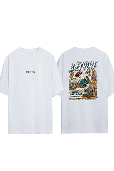 urbvn تي شيرت ديترويت ديزاين مطبوع أبيض قصة فضفاضة