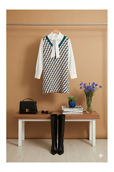 Namaste Vintage White Shirt with Tie Detail Geometric Pattern Knit Dress