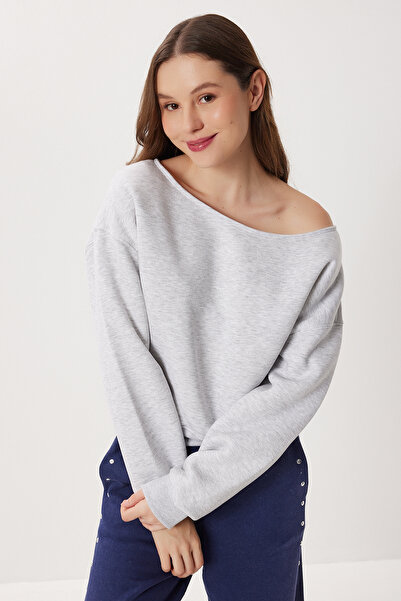 Lovelyİstanbul Πλεκτό φούτερ με ανοιχτό ώμο επένδυση fleece LAN0076 ΓΚΡΙ ΜΕΛΑΝΙ