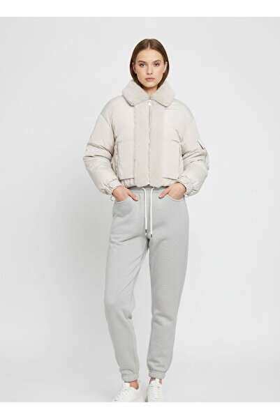 Robin Peluş Detaylı Cepli Şişme Mont Ekru