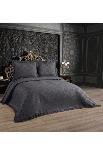 Lady London Aden Şönil Buklet Dantelli 3 Parça Yatak örtüsü Çift Kişilik- Antrasit Rengi