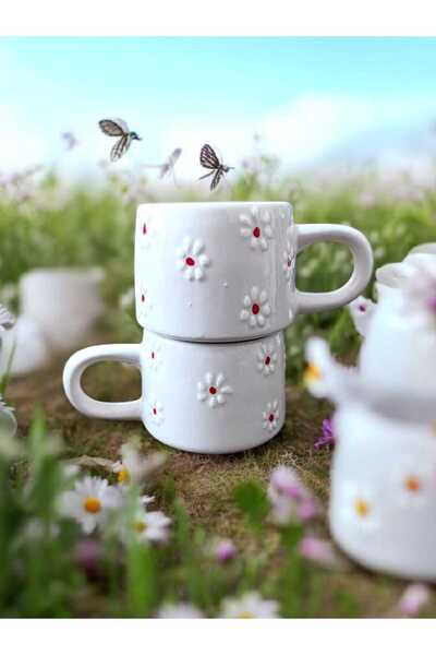 aktas seramik Papatya Desenli Ortası Kırmızı 2'li El Çizimi Seramik Kupa Bard...