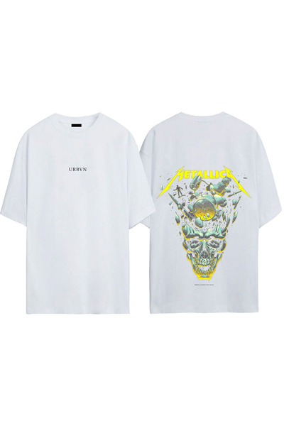urbvn تي شيرت ميتاليكا كلاش ديزاين مطبوع أبيض قصة فضفاضة