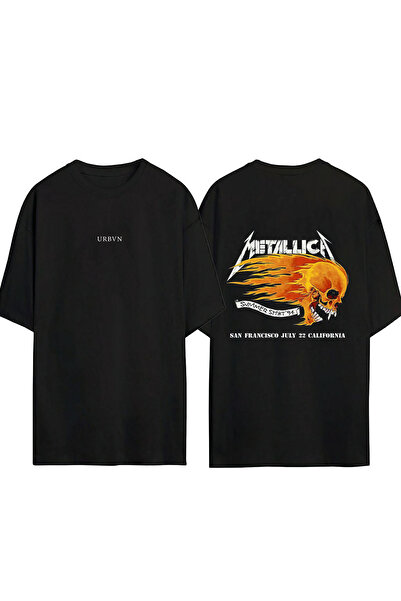 urbvn تي شيرت ميتاليكا فاير ديزاين مطبوع أسود قصة فضفاضة