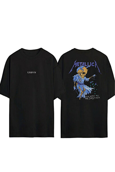 urbvn تي شيرت ميتاليكا بيربل ديزاين مطبوع أسود قصة فضفاضة