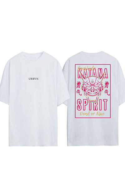 urbvn تي شيرت بتصميم بوشيدو مطبوع أبيض قصة فضفاضة