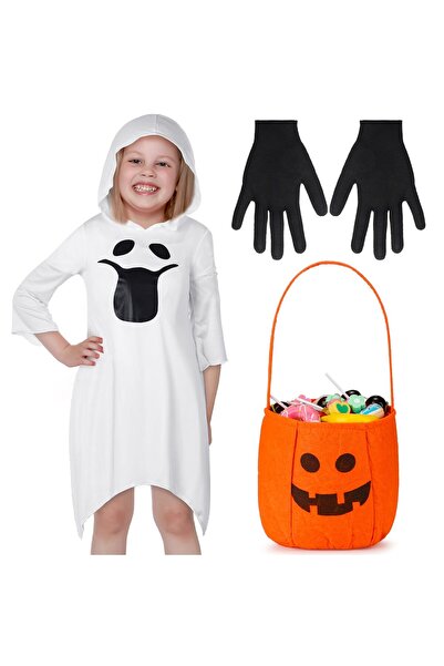 OEM Costum Casper Ghost pentru copii, set cu mănuși și pungă de bomboane, mărimea M, 8-10 ani