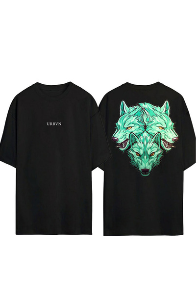 urbvn تي شيرت وولفز ديزاين مطبوع أسود قصة فضفاضة