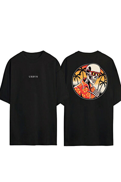 urbvn Tricou oversize negru cu imprimeu Beach Skull Design