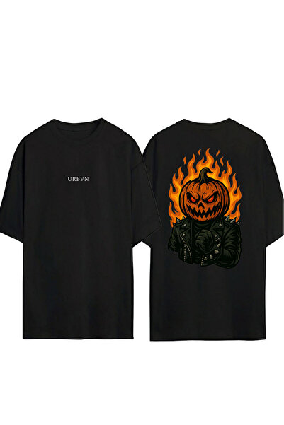 urbvn تي شيرت بتصميم وحش الهالوين مطبوع أسود قصة فضفاضة