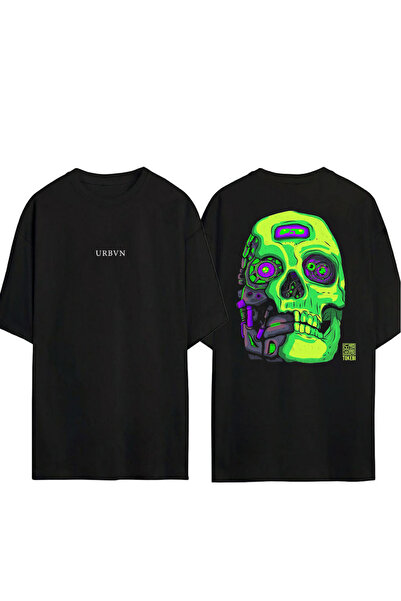 urbvn Cyber Skull Design Printed Black Oversized t Shirt