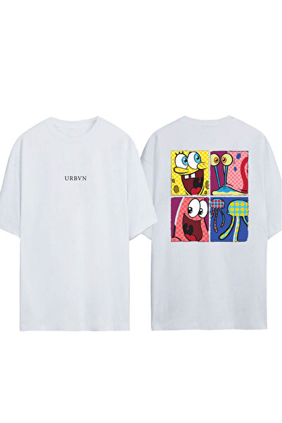 urbvn تي شيرت سبونج بوب 5 تصميم مطبوع أبيض قصة فضفاضة