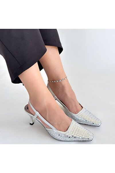 alfaze Open Back Belted Heeled Shoes Skin Silver Heel Height 8 cm