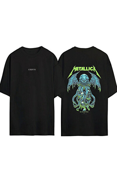 urbvn تي شيرت ميتاليكا بلو ديزاين مطبوع أسود قصة فضفاضة