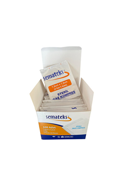 SEMATEKS Steril Pamuklu Dokuma Gaz Kompres Spanç | 7,5cm x 7,5cm | 4 Katlı | 100'lü (5'li Zarf x 20) 4 Kutu