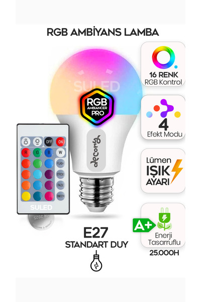 decory Kumandalı RGB Ampul, Uzaktan Kumandalı Çok Renkli Ampul E27 Duylu