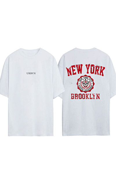 urbvn تي شيرت نيويورك بروكلين تصميم مطبوع أبيض قصة فضفاضة