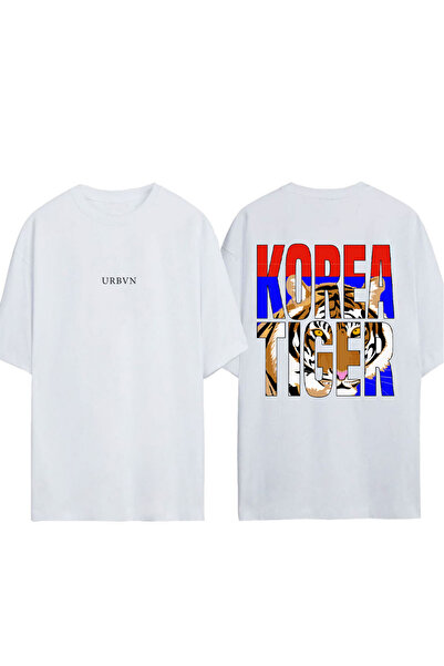 urbvn تي شيرت كوريا تايجر ديزاين مطبوع أبيض قصة فضفاضة