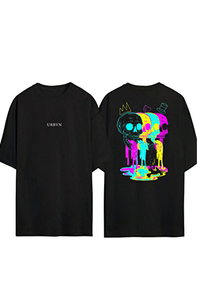 urbvn Neon Skulls Tasarım Baskılı Siyah Oversize T shirt