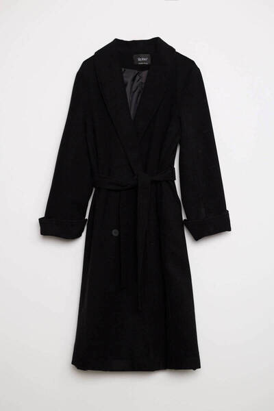 Robin Kolu Katlama Detaylı Kuşaklı Kaban Siyah