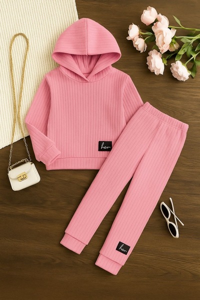 tunays shopping Soft Textured Hooded 3-12 Years Old Girls' Tracksuit Set