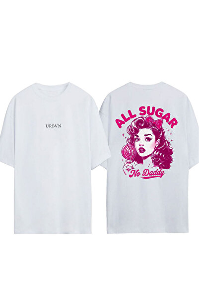 urbvn جميع التيشيرتات من تصميم سوجر مطبوع باللون الأبيض قصة فضفاضة